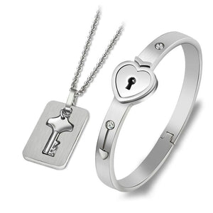 Heart Lock Stainless Steel Bracelets Bangles Key Pendant Necklace Jewelry