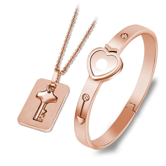 Heart Lock Stainless Steel Bracelets Bangles Key Pendant Necklace Jewelry